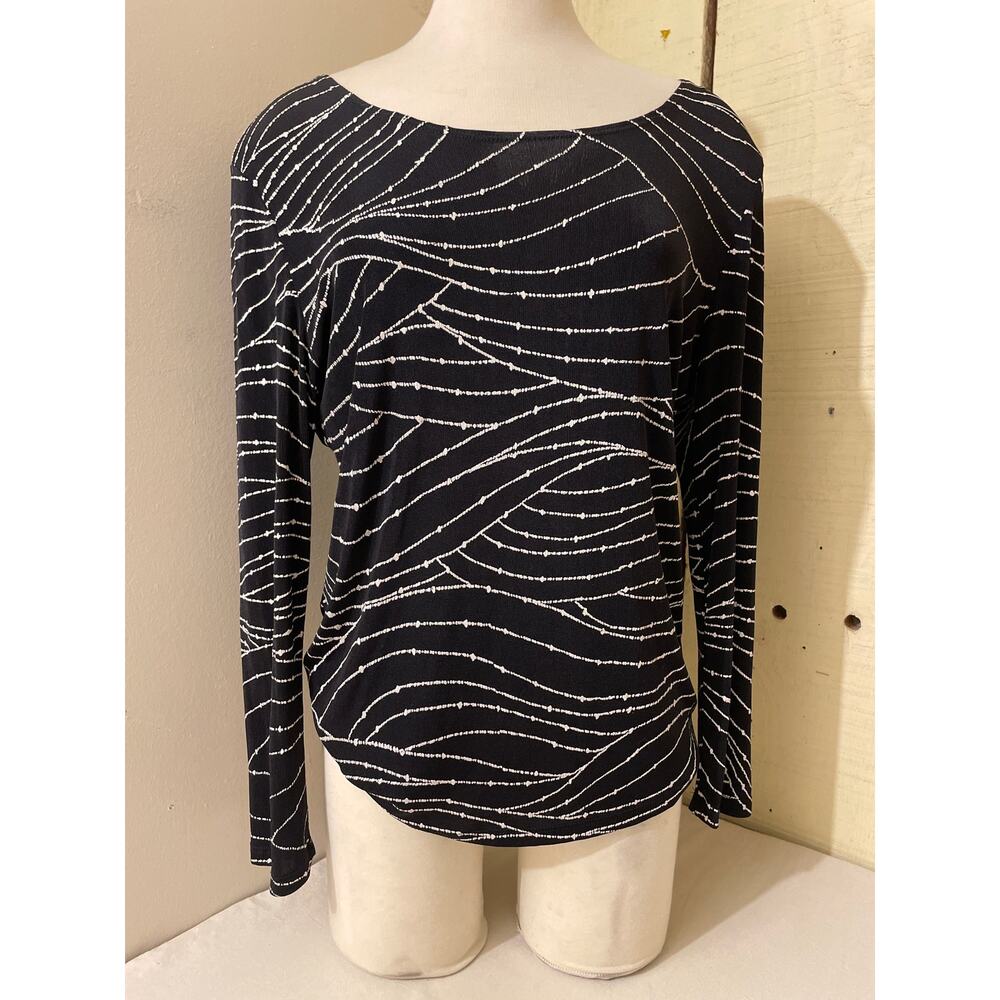 Black Long Sleeve Top with White Abstract Print, Casual Everyday Shirt